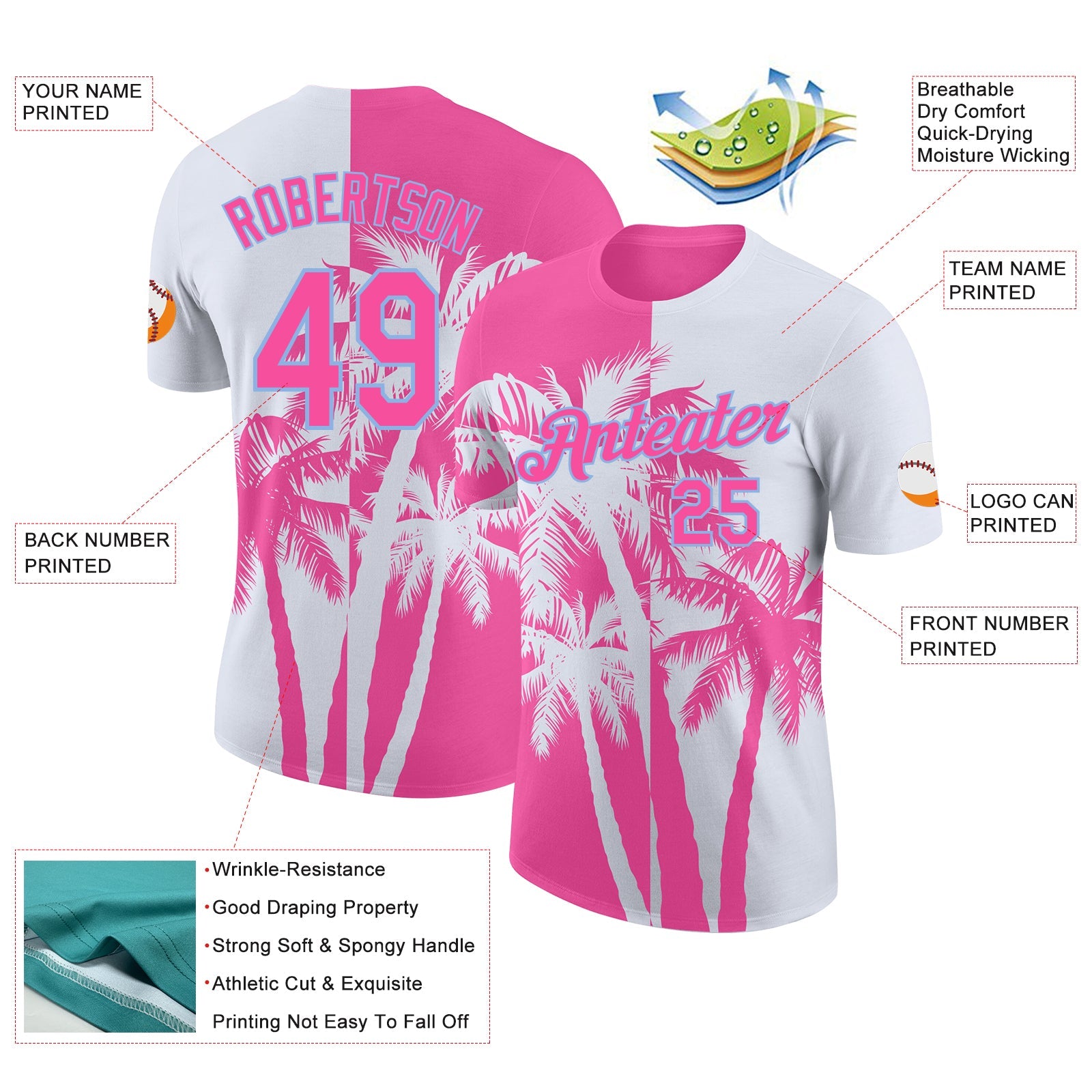 Custom White Pink-Light Blue Hawaii Tropical Coastal Palm Trees Performance T-Shirt view 2