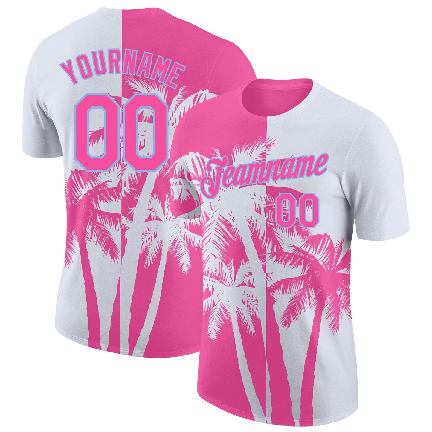 Custom White Pink-Light Blue Hawaii Tropical Coastal Palm Trees Performance T-Shirt - Main View