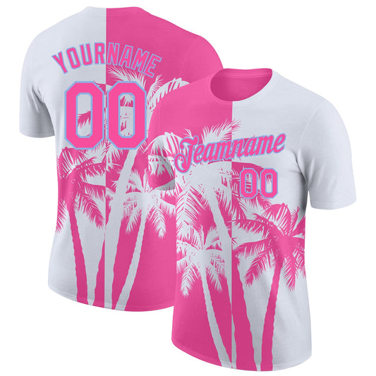 Custom White Pink-Light Blue Hawaii Tropical Coastal Palm Trees Performance T-Shirt - Main View