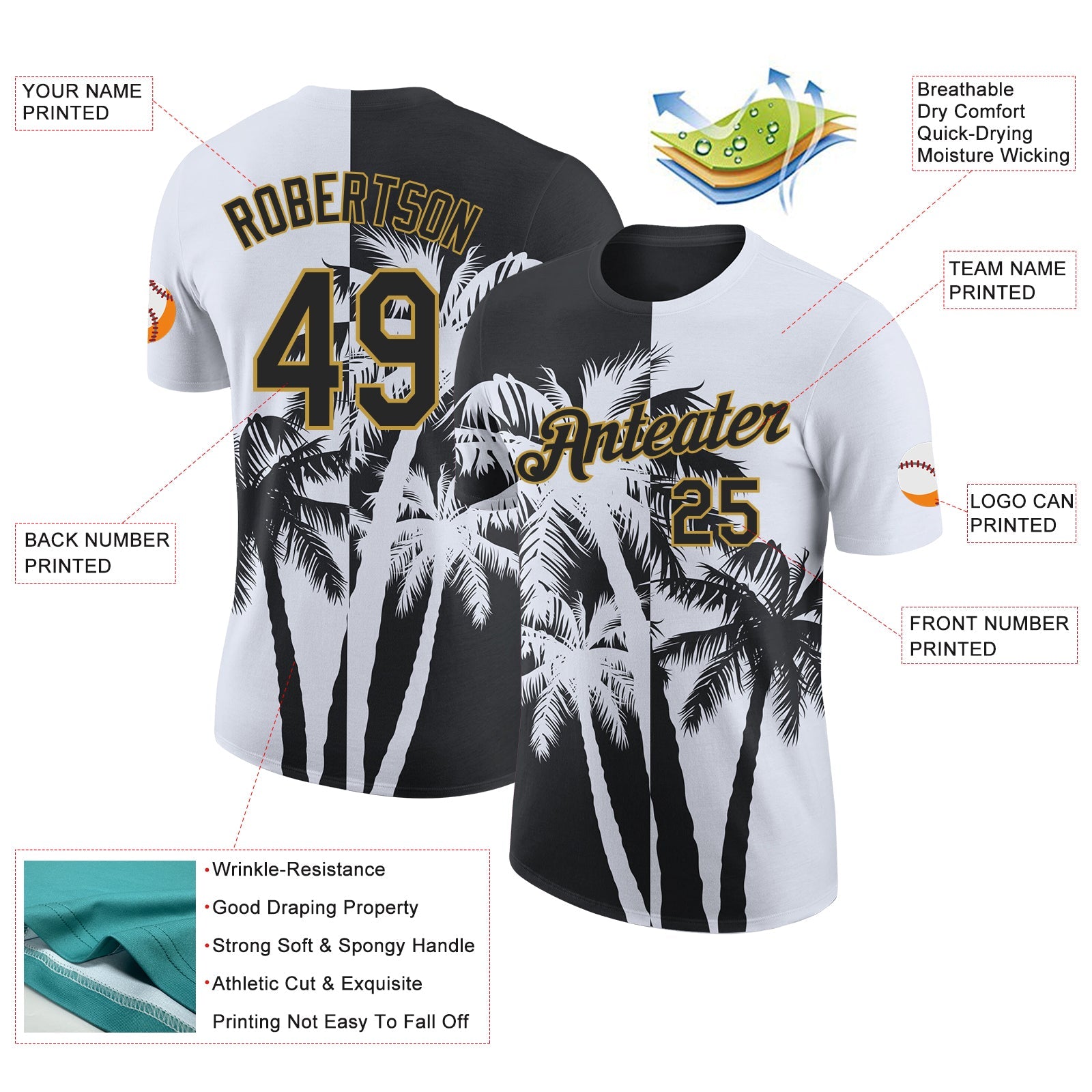 Custom White Black-Old Gold Hawaii Tropical Coastal Palm Trees Performance T-Shirt view 2