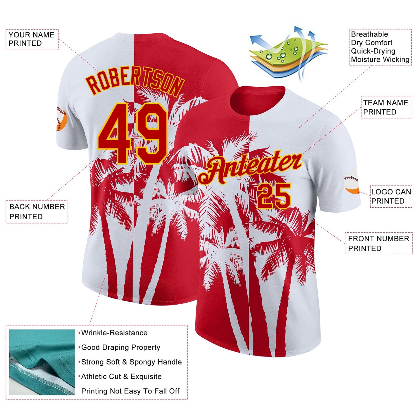Custom White Red-Yellow Hawaii Tropical Coastal Palm Trees Performance T-Shirt view 2
