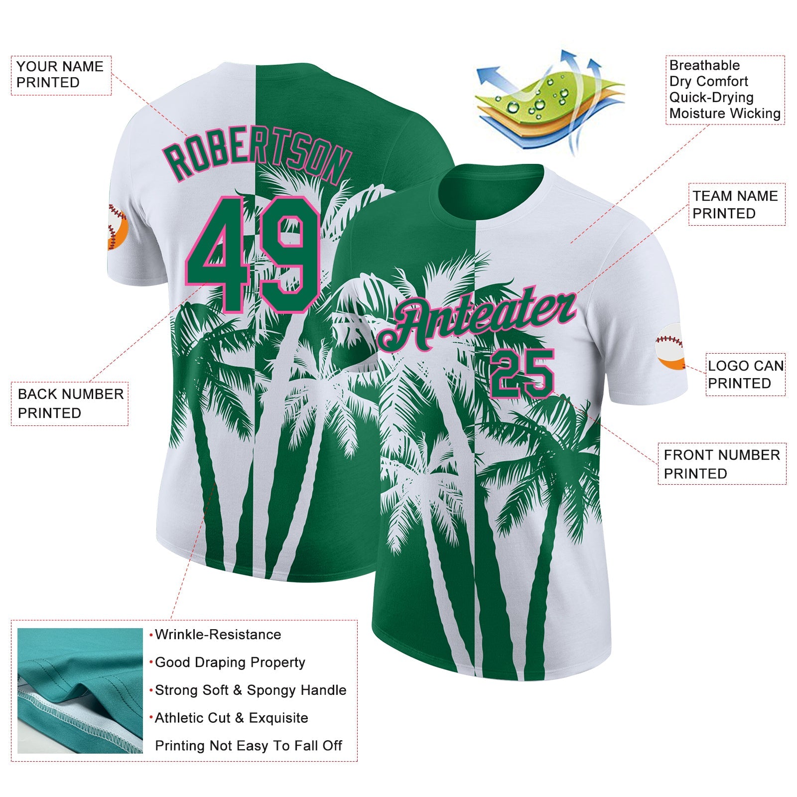 Custom White Kelly Green-Pink Hawaii Tropical Coastal Palm Trees Performance T-Shirt view 2