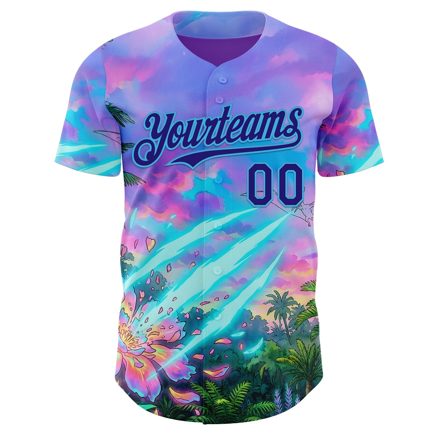 Custom Purple Dark Purple Pink-Sky Blue Cyber Tropical Palm Trees Psychedelic Sky Authentic Baseball Jersey view 2