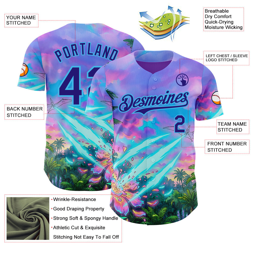 Custom Purple Dark Purple Pink-Sky Blue Cyber Tropical Palm Trees Psychedelic Sky Authentic Baseball Jersey view 3