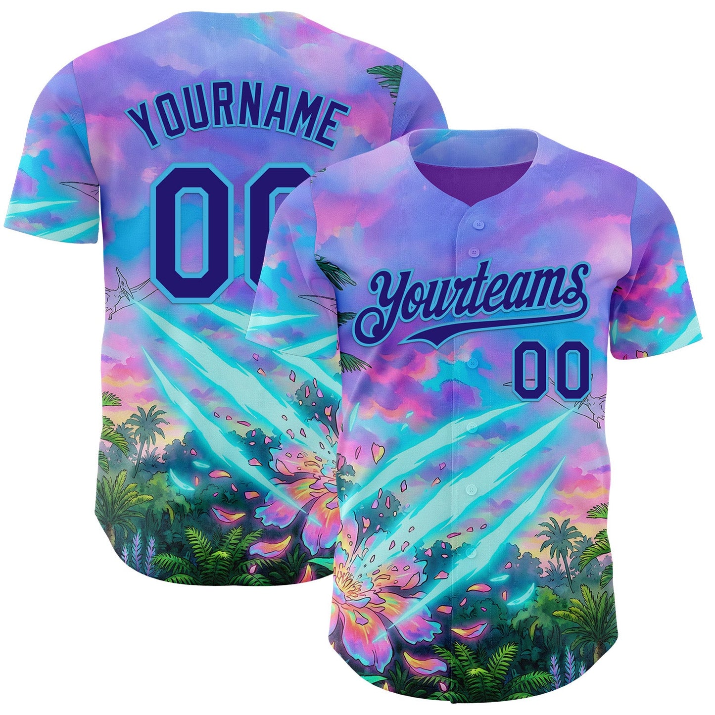 Custom Purple Dark Purple Pink-Sky Blue Cyber Tropical Palm Trees Psychedelic Sky Authentic Baseball Jersey - Main View