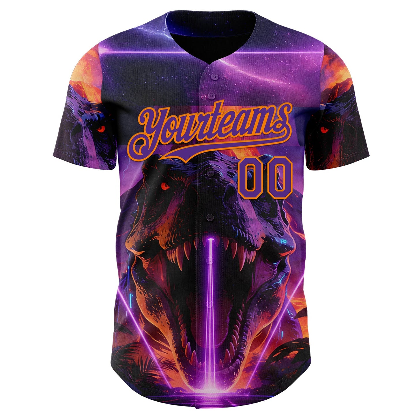Custom Black Purple-Bay Orange Cyber Tropical Palm Trees Dinosaur Gothic Fantasy Authentic Baseball Jersey view 2