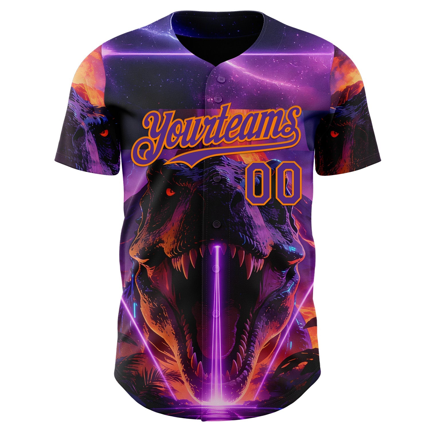 Custom Black Purple-Bay Orange Cyber Tropical Palm Trees Dinosaur Gothic Fantasy Authentic Baseball Jersey view 2