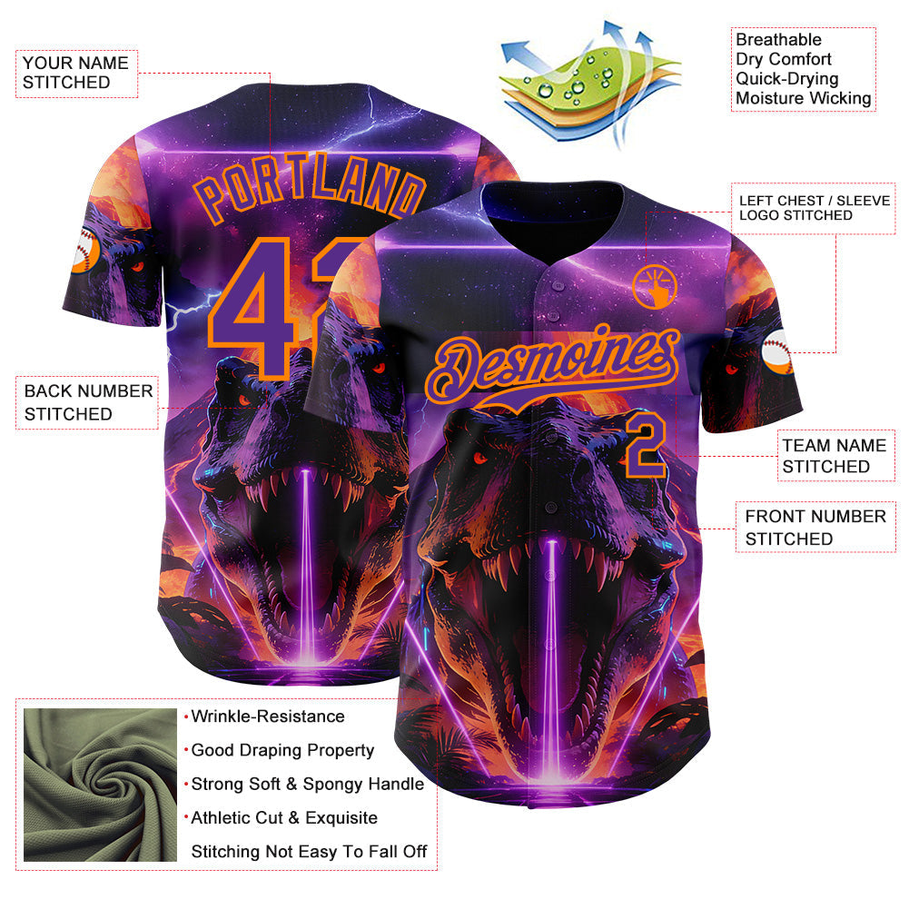 Custom Black Purple-Bay Orange Cyber Tropical Palm Trees Dinosaur Gothic Fantasy Authentic Baseball Jersey view 3