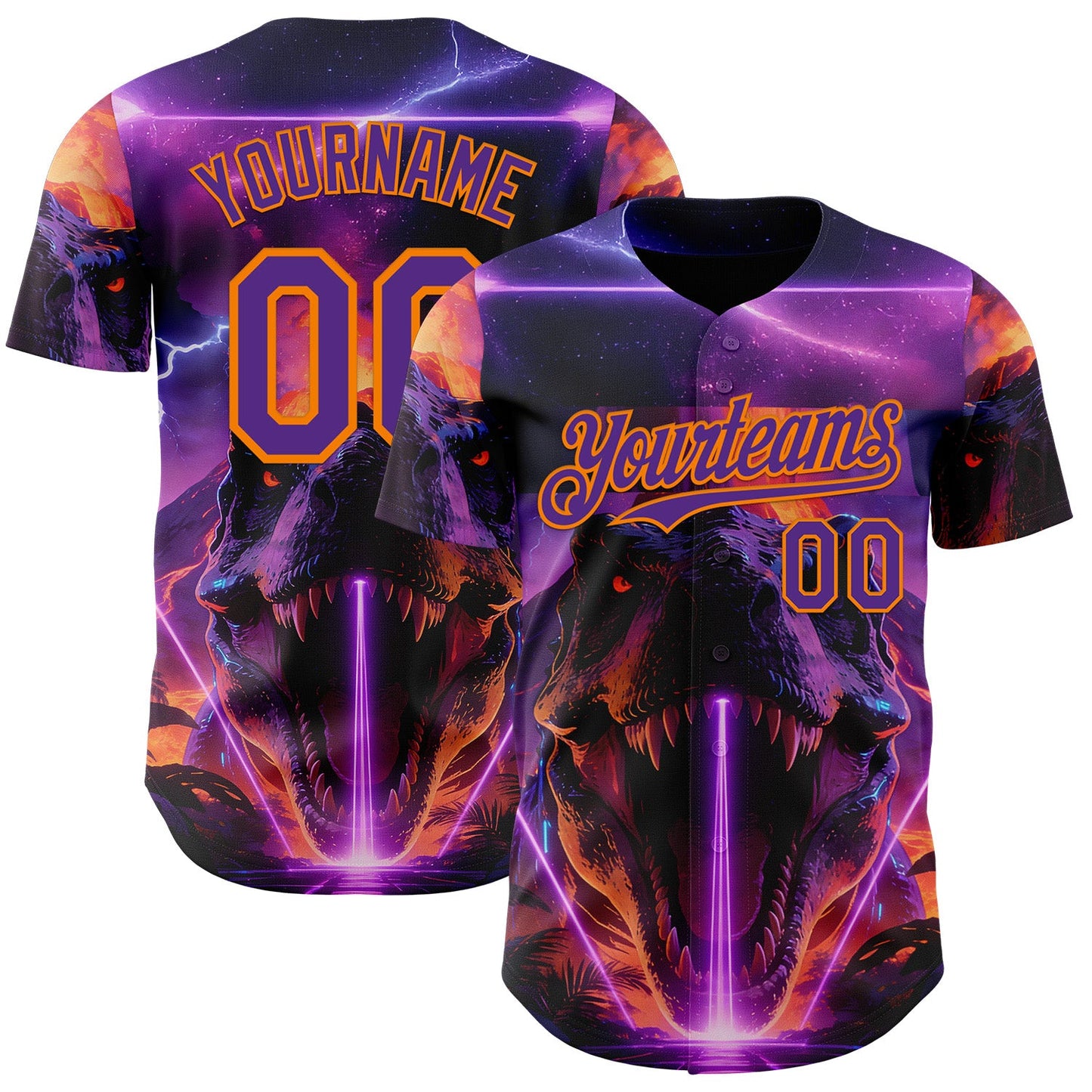 Custom Black Purple-Bay Orange Cyber Tropical Palm Trees Dinosaur Gothic Fantasy Authentic Baseball Jersey - Main View