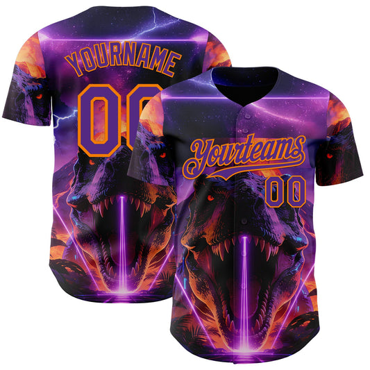Custom Black Purple-Bay Orange Cyber Tropical Palm Trees Dinosaur Gothic Fantasy Authentic Baseball Jersey - Main View
