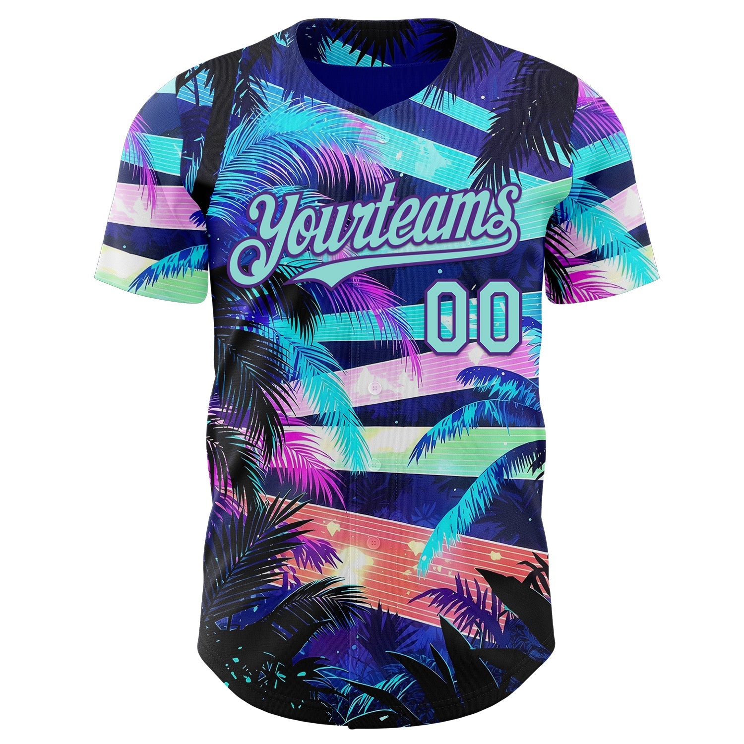 Custom Blue Ice Blue-Purple Cyber Tropical Palm Trees Music Festival Authentic Baseball Jersey view 2