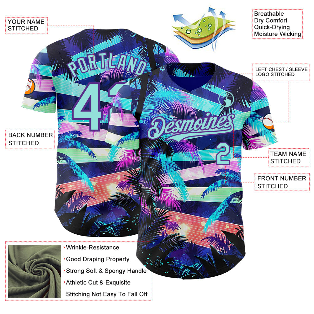 Custom Blue Ice Blue-Purple Cyber Tropical Palm Trees Music Festival Authentic Baseball Jersey view 3