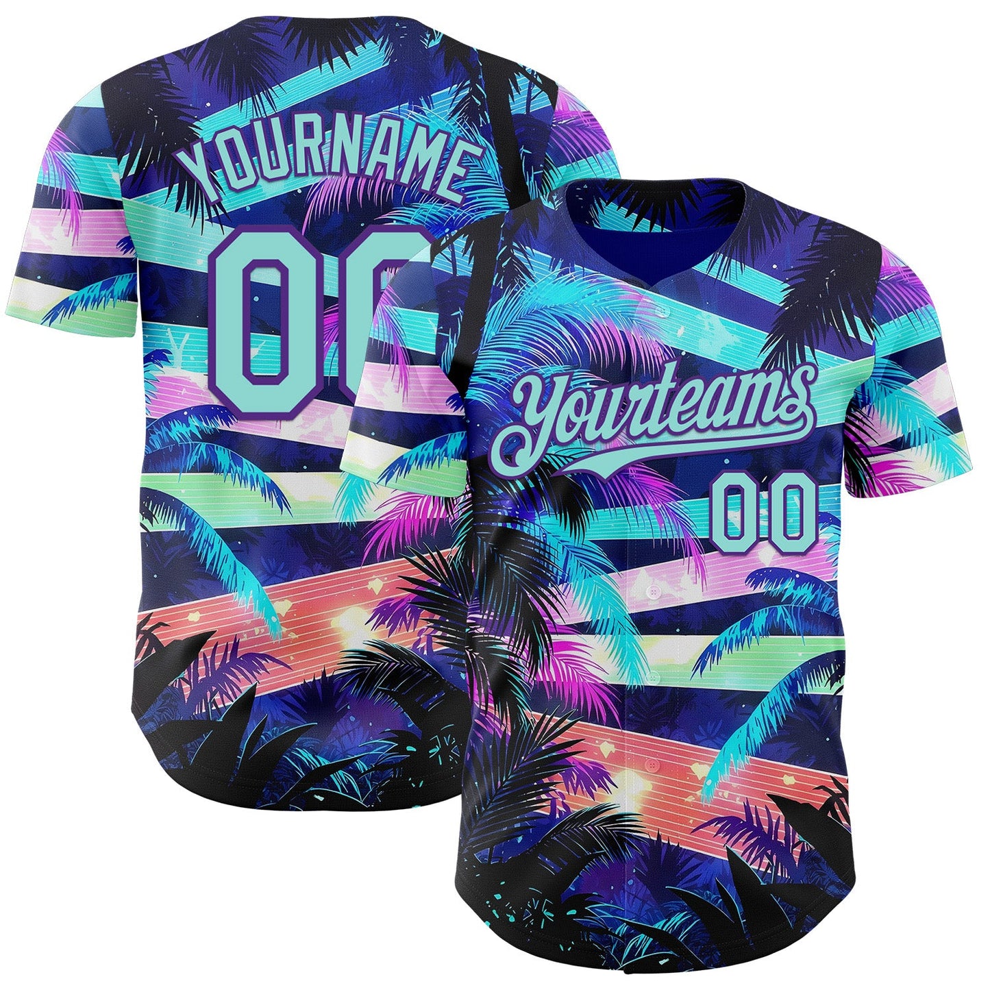 Custom Blue Ice Blue-Purple Cyber Tropical Palm Trees Music Festival Authentic Baseball Jersey - Main View