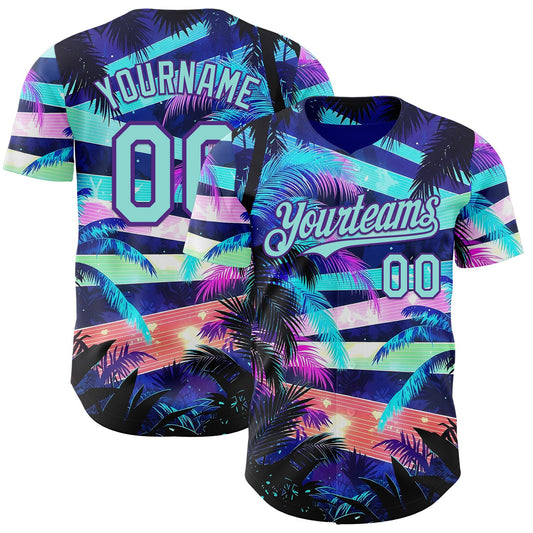 Custom Blue Ice Blue-Purple Cyber Tropical Palm Trees Music Festival Authentic Baseball Jersey - Main View