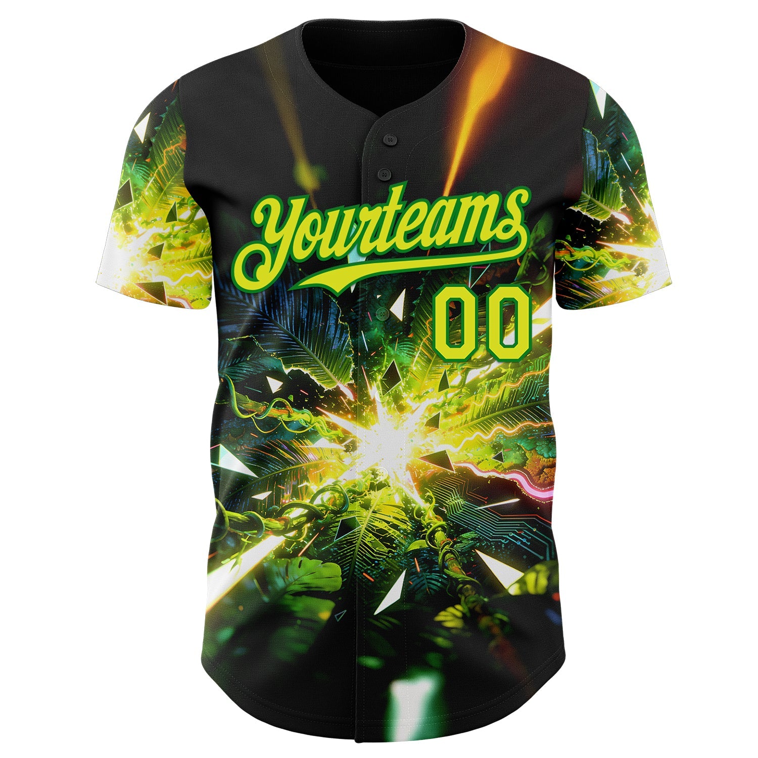 Custom Black Neon Yellow-Grass Green Cyber Tropical Palm Trees Music Festival Authentic Baseball Jersey view 2