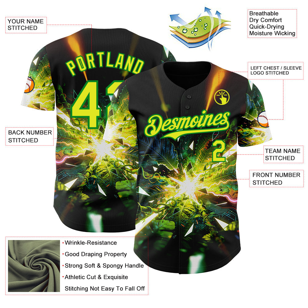 Custom Black Neon Yellow-Grass Green Cyber Tropical Palm Trees Music Festival Authentic Baseball Jersey view 3