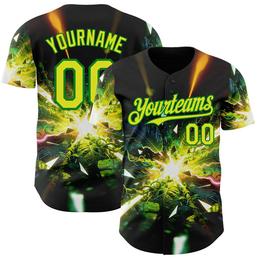 Custom Black Neon Yellow-Grass Green Cyber Tropical Palm Trees Music Festival Authentic Baseball Jersey - Main View