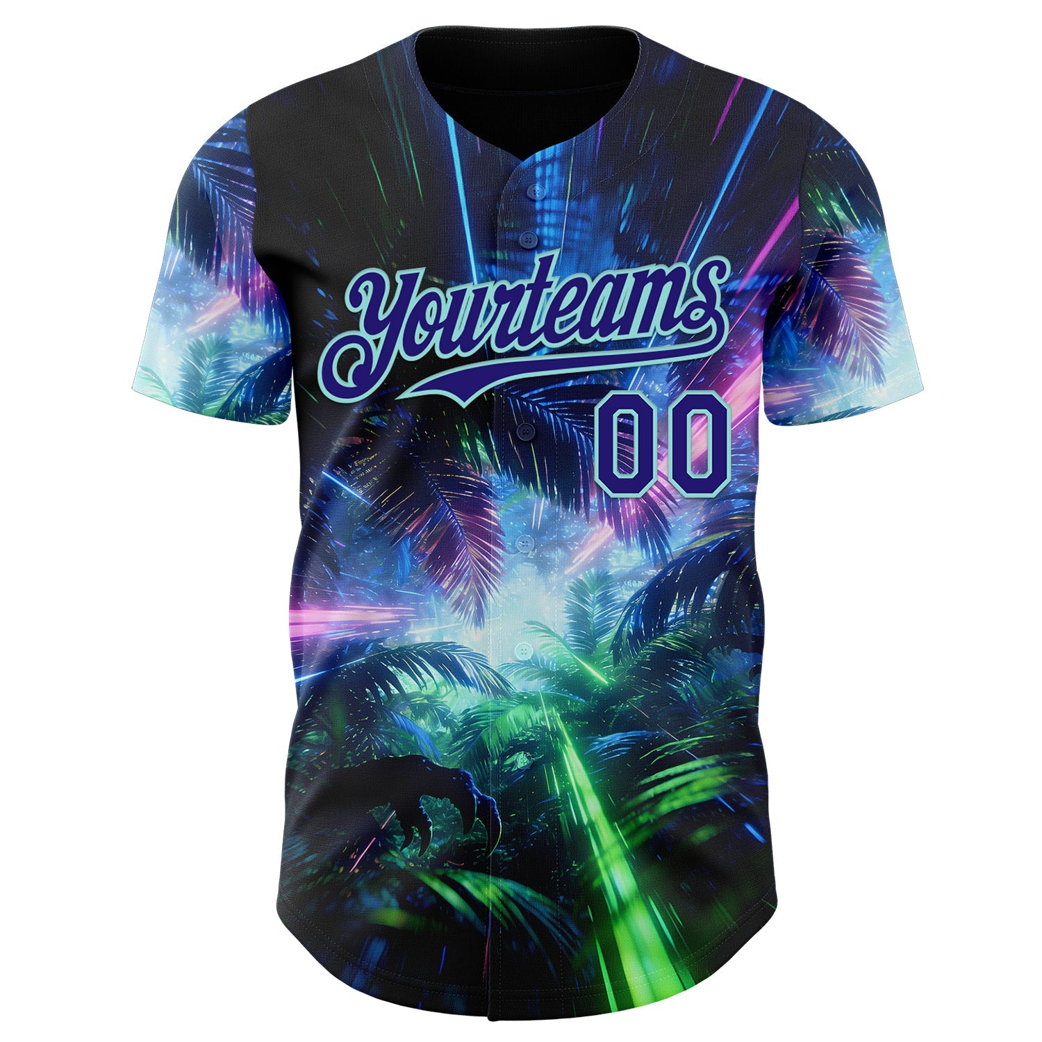 Custom Black Dark Purple-Ice Blue Cyber Tropical Palm Trees Dinosaur Gothic Fantasy Authentic Baseball Jersey view 2