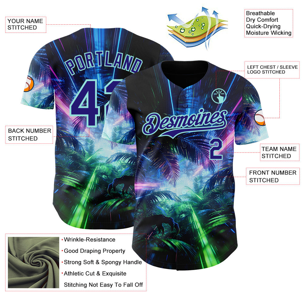 Custom Black Dark Purple-Ice Blue Cyber Tropical Palm Trees Dinosaur Gothic Fantasy Authentic Baseball Jersey view 3