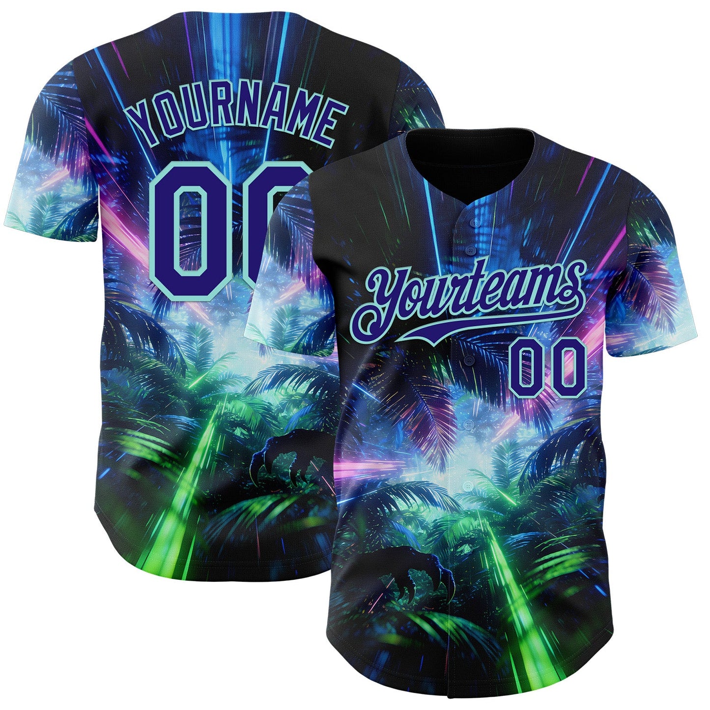 Custom Black Dark Purple-Ice Blue Cyber Tropical Palm Trees Dinosaur Gothic Fantasy Authentic Baseball Jersey - Main View
