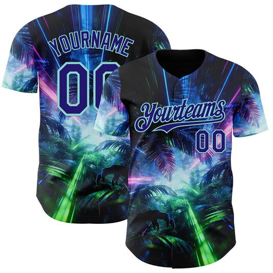 Custom Black Dark Purple-Ice Blue Cyber Tropical Palm Trees Dinosaur Gothic Fantasy Authentic Baseball Jersey - Main View