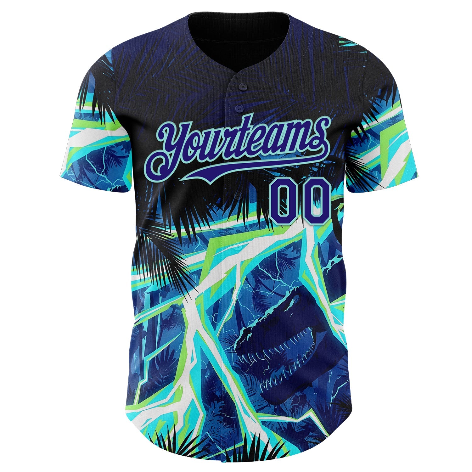 Custom Black Dark Purple-Ice Blue Cyber Tropical Palm Trees Dinosaur Gothic Fantasy Authentic Baseball Jersey view 2
