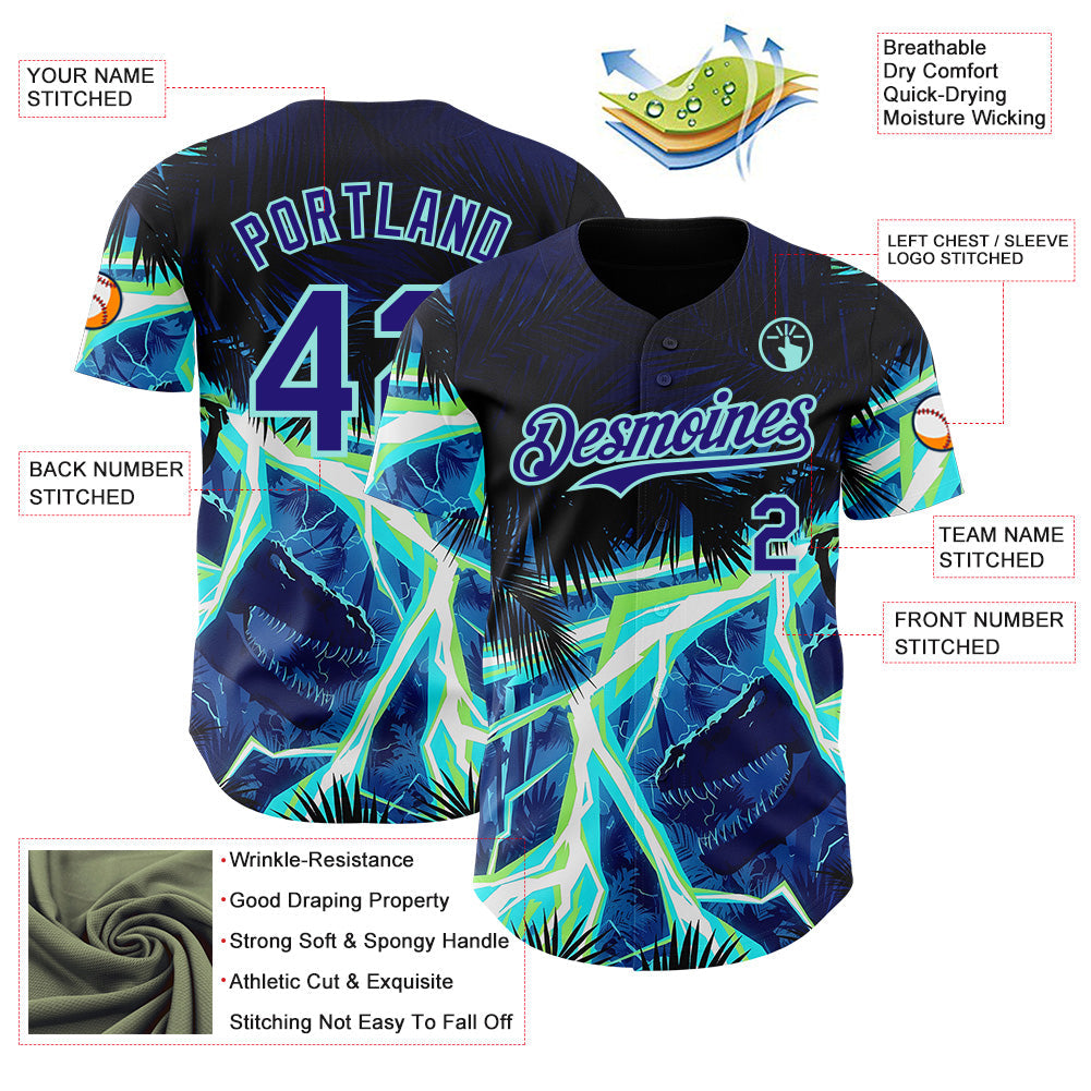Custom Black Dark Purple-Ice Blue Cyber Tropical Palm Trees Dinosaur Gothic Fantasy Authentic Baseball Jersey view 3