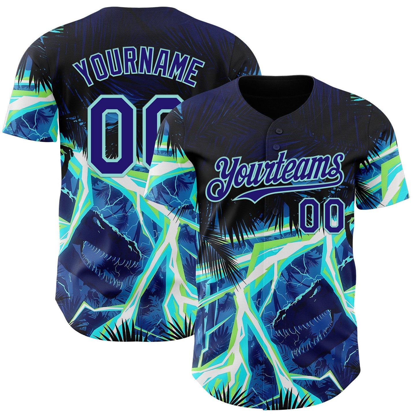 Custom Black Dark Purple-Ice Blue Cyber Tropical Palm Trees Dinosaur Gothic Fantasy Authentic Baseball Jersey - Main View