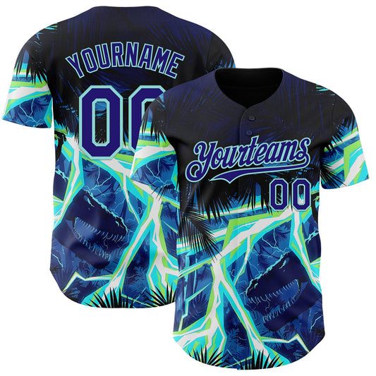 Custom Black Dark Purple-Ice Blue Cyber Tropical Palm Trees Dinosaur Gothic Fantasy Authentic Baseball Jersey - Main View