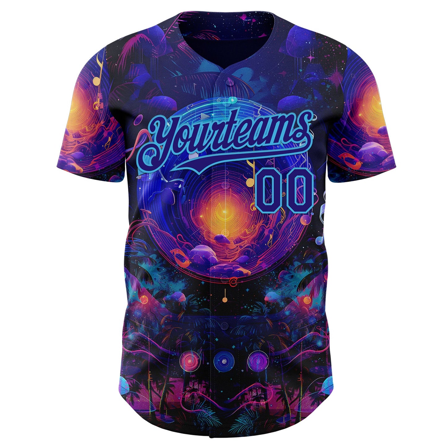 Custom Blue Dark Purple-Sky Blue Cyber Tropical Palm Trees Music Festival Cosmic Nebula Authentic Baseball Jersey view 2
