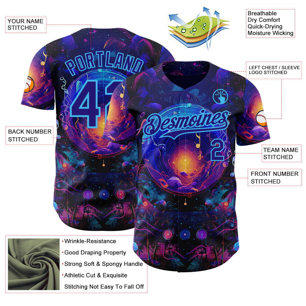 Custom Blue Dark Purple-Sky Blue Cyber Tropical Palm Trees Music Festival Cosmic Nebula Authentic Baseball Jersey view 3