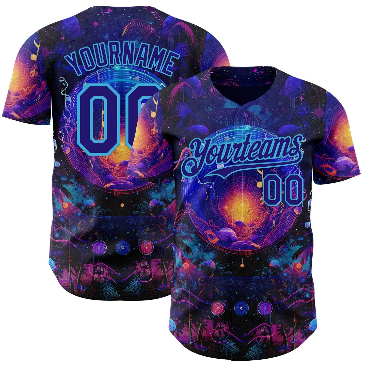 Custom Blue Dark Purple-Sky Blue Cyber Tropical Palm Trees Music Festival Cosmic Nebula Authentic Baseball Jersey - Main View
