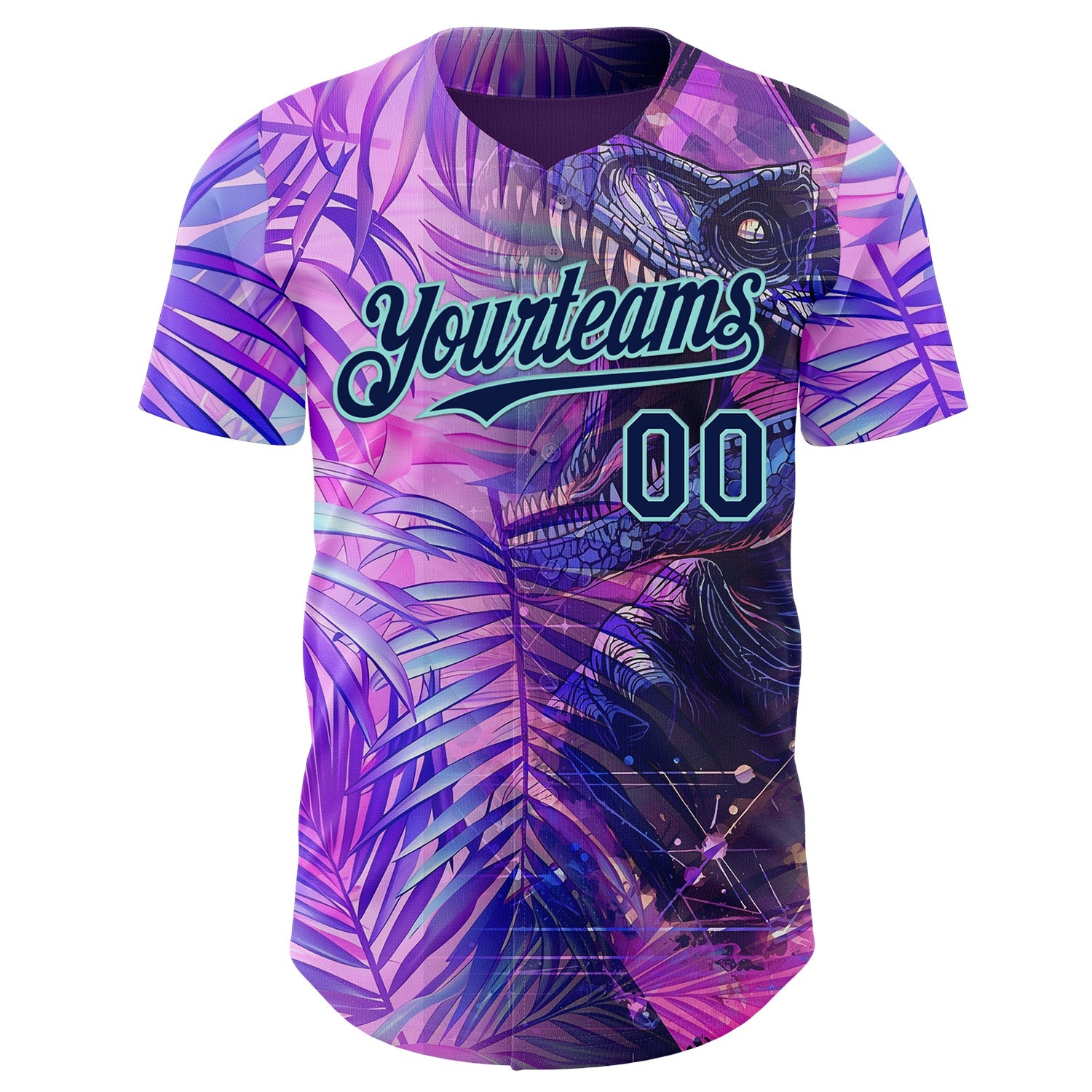 Custom Purple Navy-Ice Blue Cyber Tropical Palm Trees Dinosaur Gothic Fantasy Authentic Baseball Jersey view 2