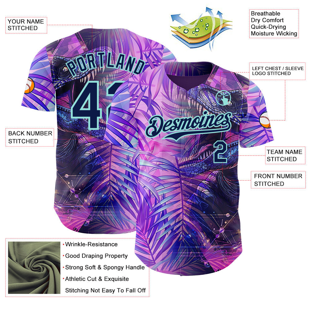 Custom Purple Navy-Ice Blue Cyber Tropical Palm Trees Dinosaur Gothic Fantasy Authentic Baseball Jersey view 3