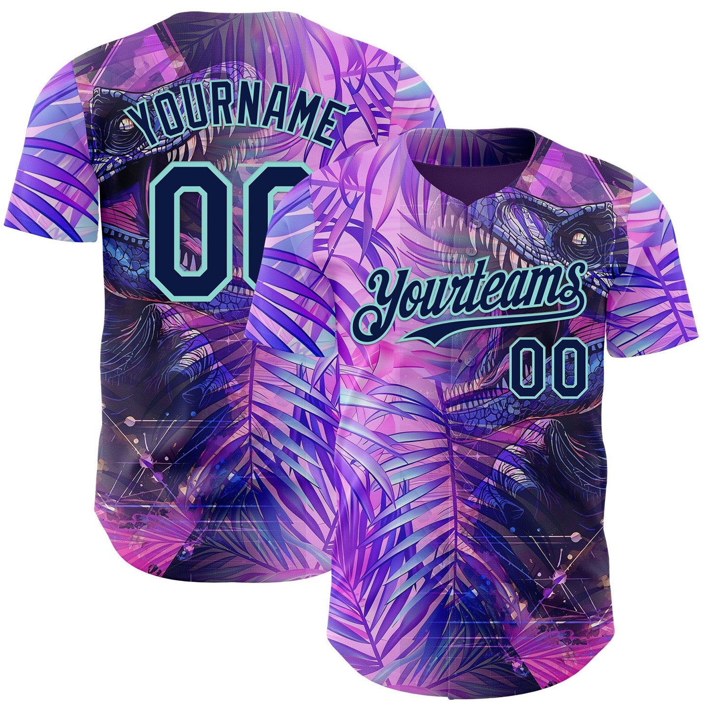 Custom Purple Navy-Ice Blue Cyber Tropical Palm Trees Dinosaur Gothic Fantasy Authentic Baseball Jersey - Main View