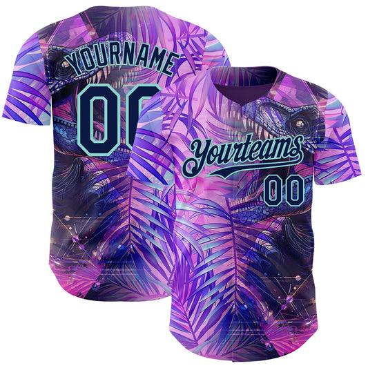 Custom Purple Navy-Ice Blue Cyber Tropical Palm Trees Dinosaur Gothic Fantasy Authentic Baseball Jersey - Main View