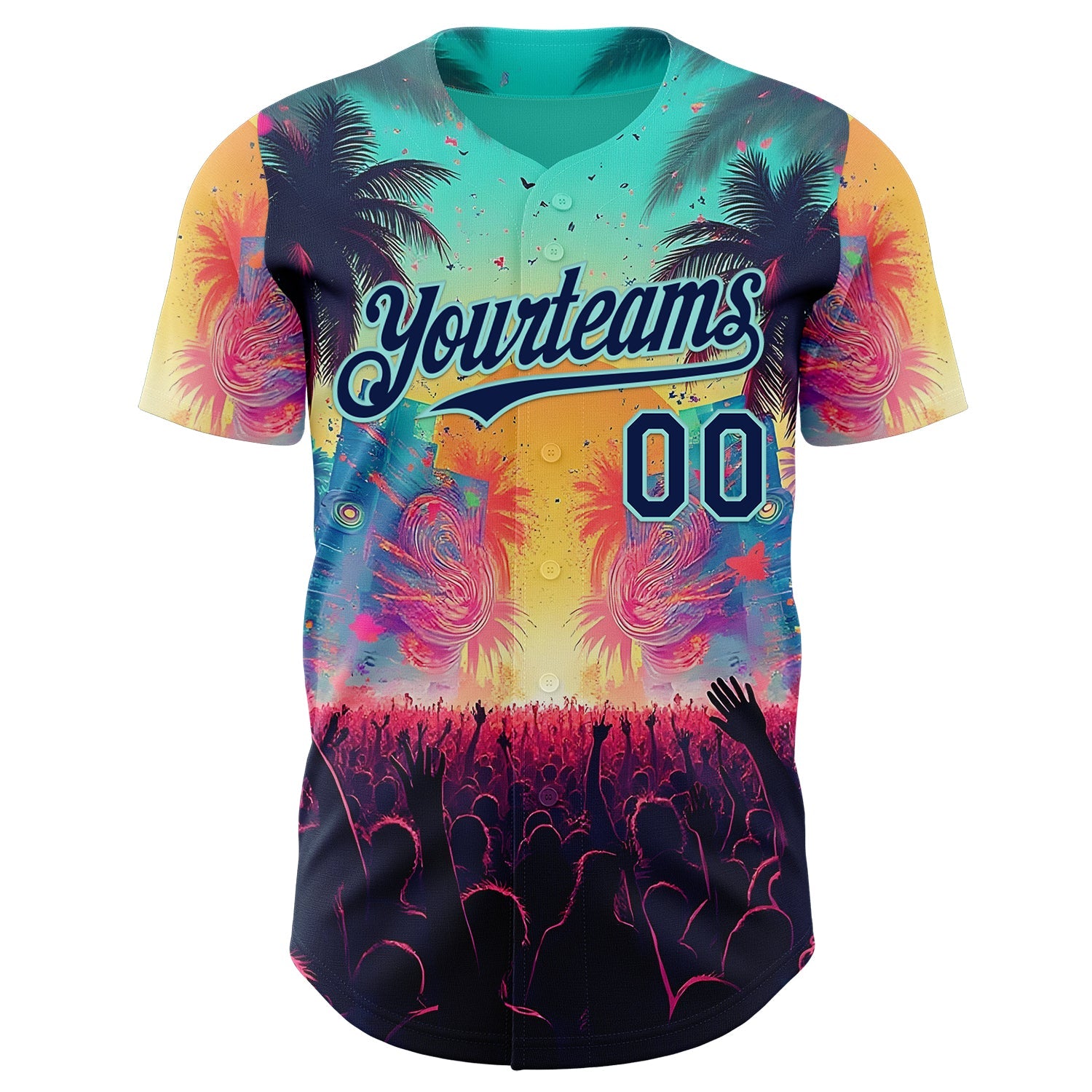 Custom Ice Blue-Navy Cyber Tropical Palm Trees Music Festival Authentic Baseball Jersey view 2