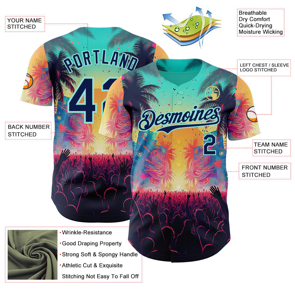 Custom Ice Blue-Navy Cyber Tropical Palm Trees Music Festival Authentic Baseball Jersey view 3