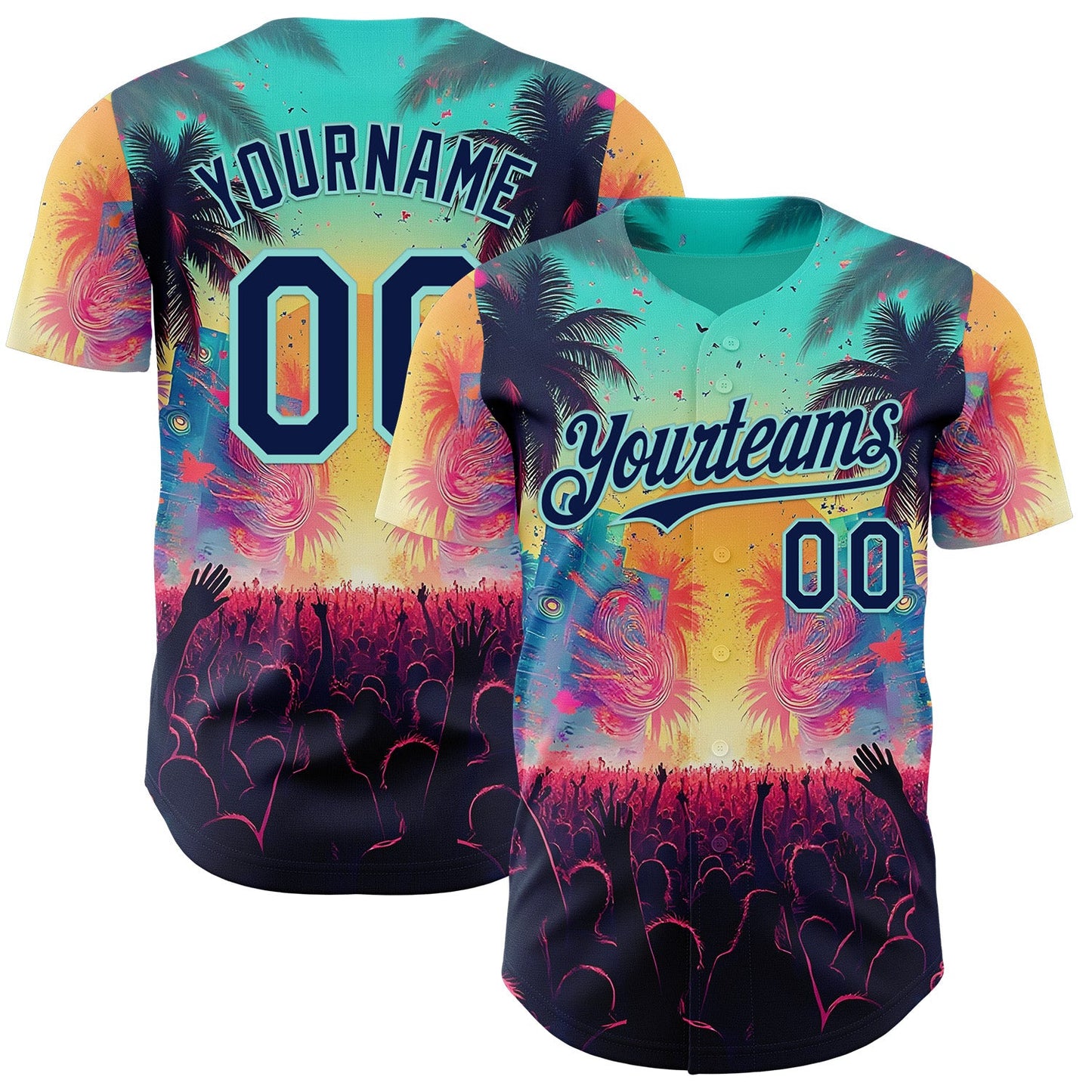 Custom Ice Blue-Navy Cyber Tropical Palm Trees Music Festival Authentic Baseball Jersey - Main View