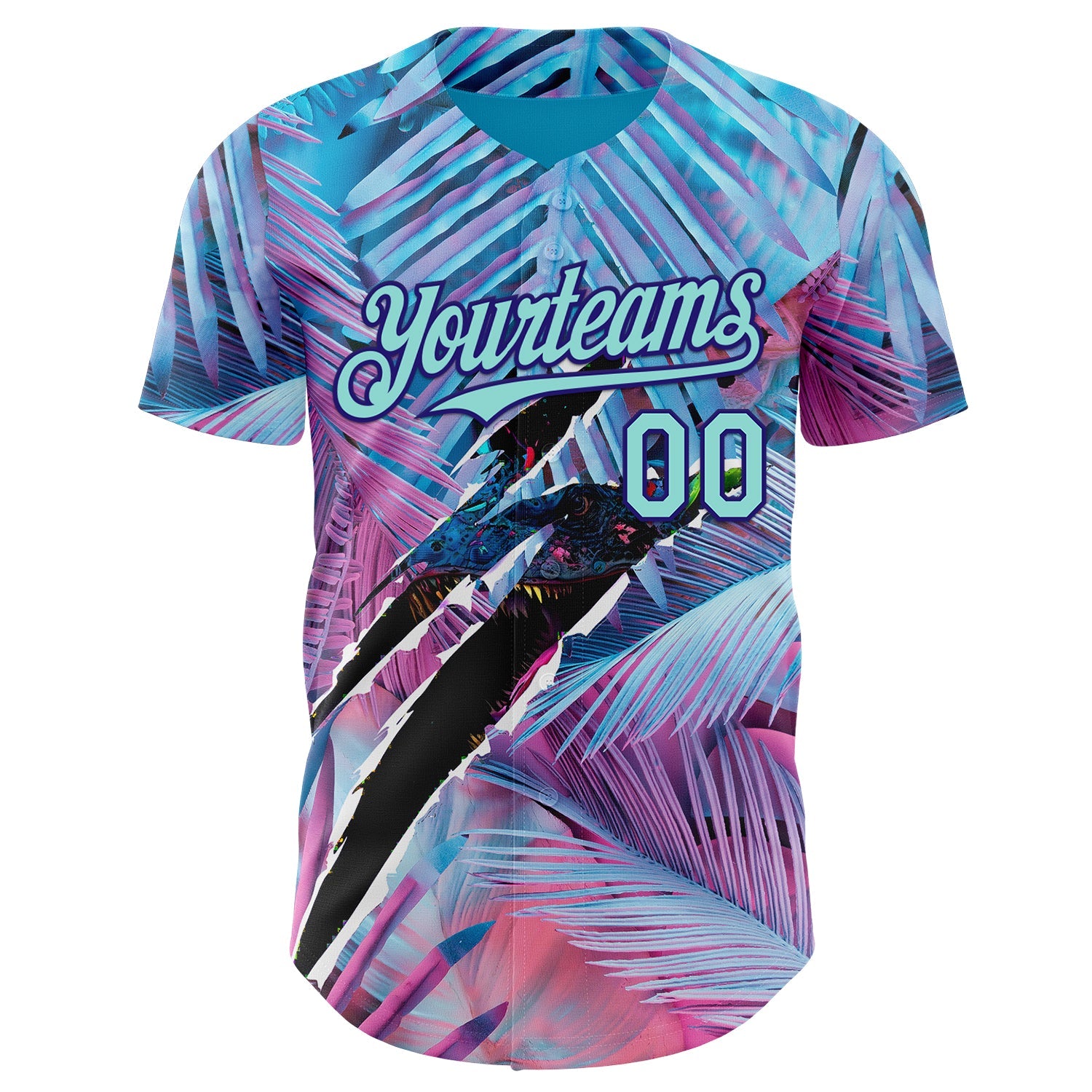 Custom Blue Ice Blue Pink-Dark Purple Cyber Tropical Palm Trees Music Festival Gothic Fantasy Authentic Baseball Jersey view 2