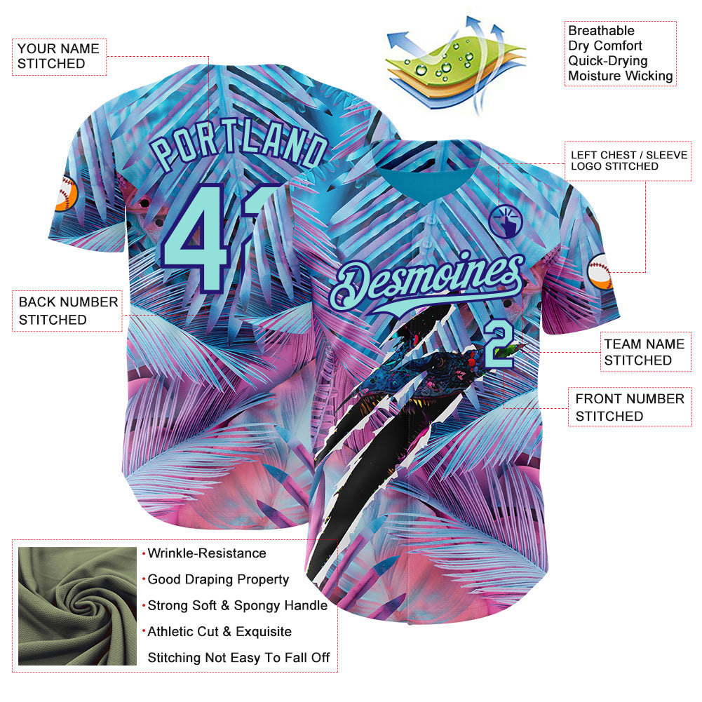 Custom Blue Ice Blue Pink-Dark Purple Cyber Tropical Palm Trees Music Festival Gothic Fantasy Authentic Baseball Jersey view 3