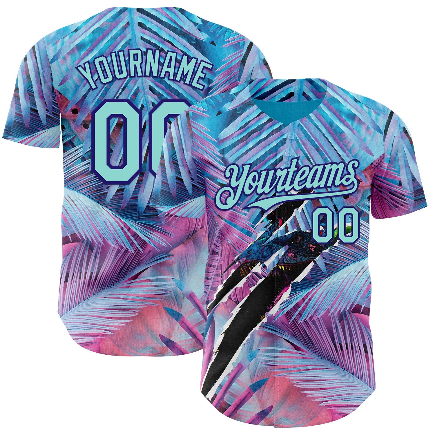 Custom Blue Ice Blue Pink-Dark Purple Cyber Tropical Palm Trees Music Festival Gothic Fantasy Authentic Baseball Jersey - Main View