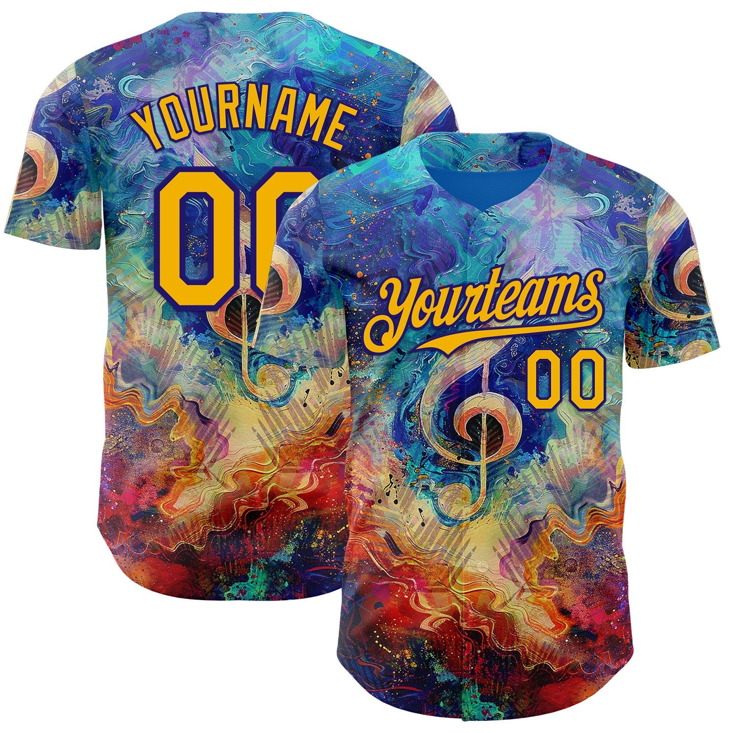 Custom Blue Gold Red-Dark Purple Cyber Tropical Palm Trees Music Festival Fluid Liquid Authentic Baseball Jersey - Main View
