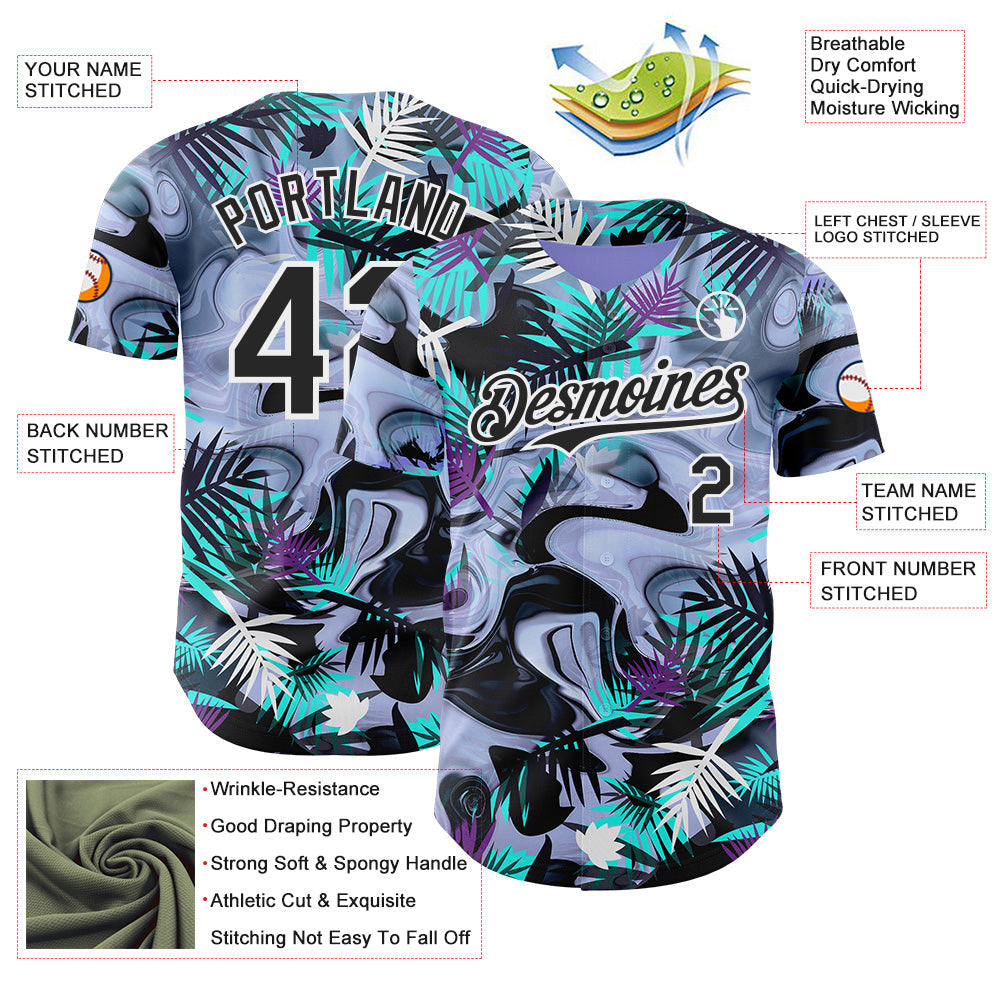 Custom Purple Black Green-White Cyber Tropical Palm Trees Music Festival Fluid Liquid Authentic Baseball Jersey view 3