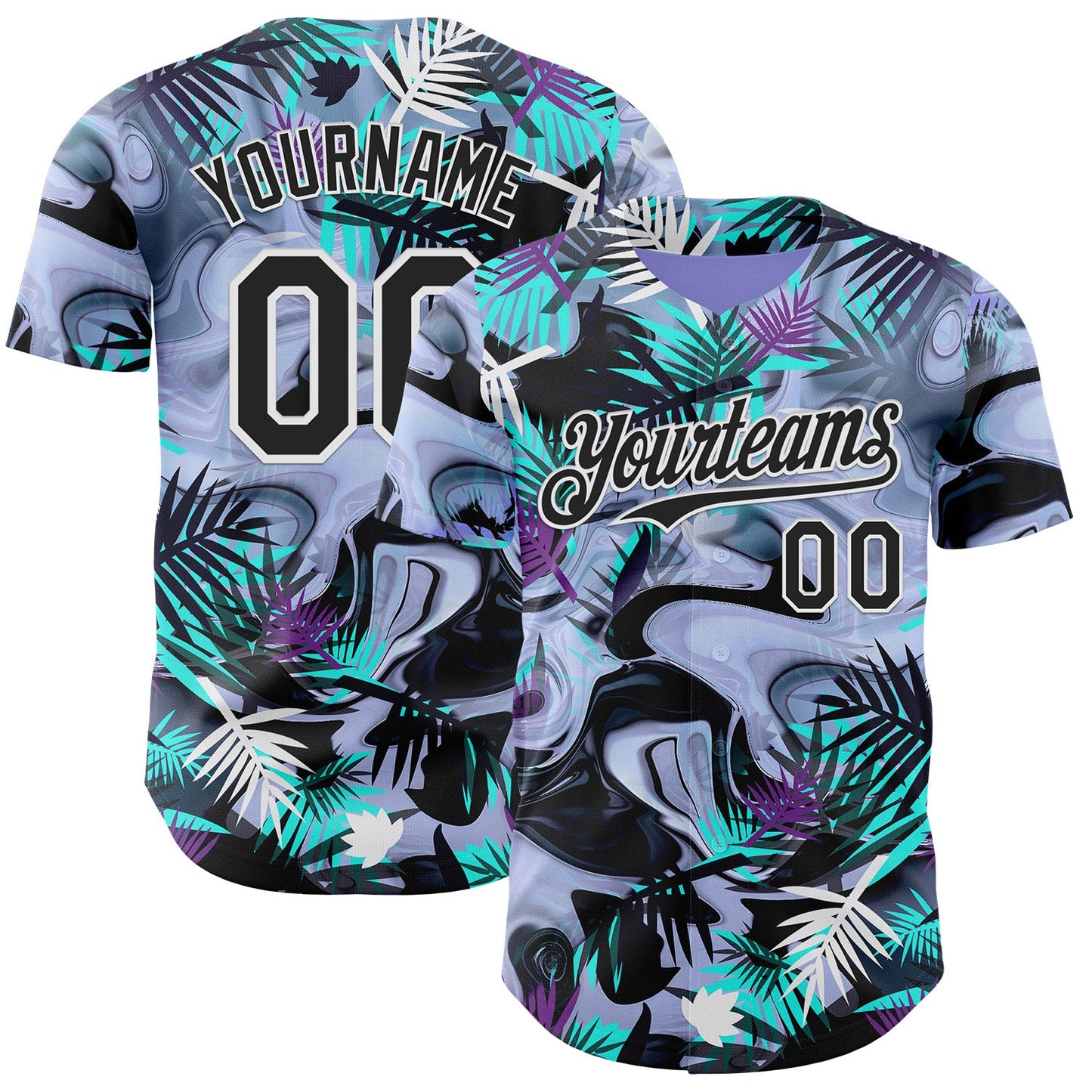 Custom Purple Black Green-White Cyber Tropical Palm Trees Music Festival Fluid Liquid Authentic Baseball Jersey - Main View