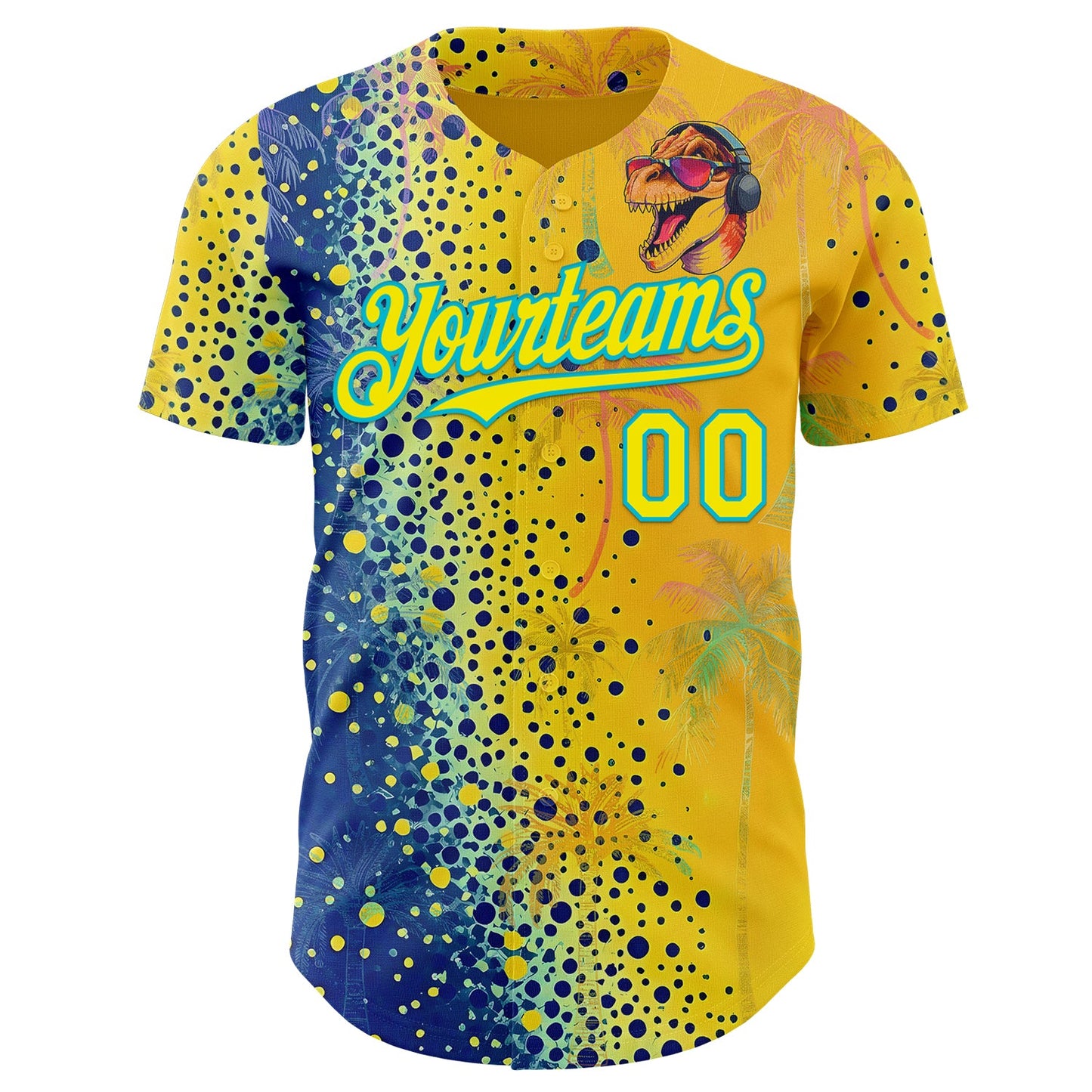 Custom Yellow Light Yellow Blue-Lakes Blue Cyber Tropical Palm Trees Music Festival Gradient Neon Polka Dot Authentic Baseball Jersey view 2