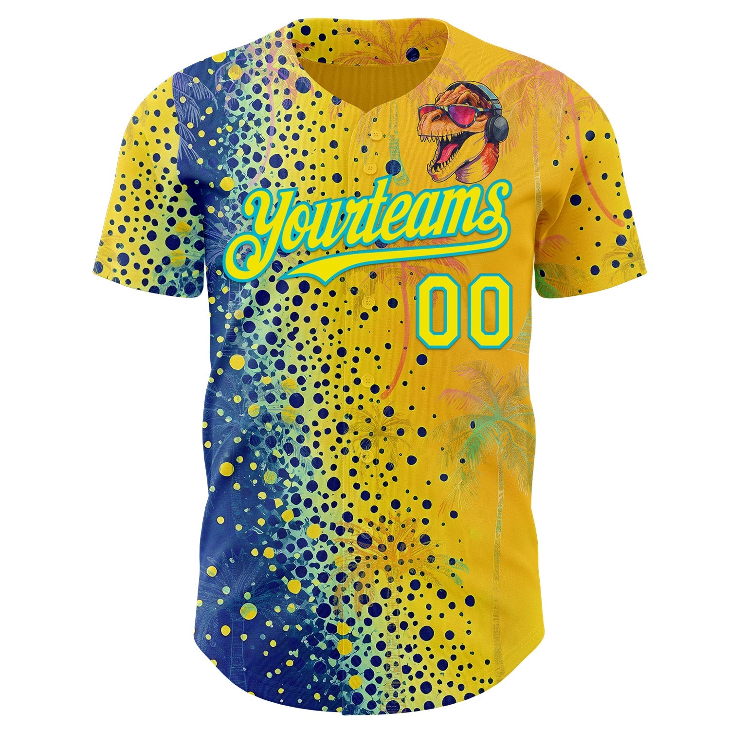 Custom Yellow Light Yellow Blue-Lakes Blue Cyber Tropical Palm Trees Music Festival Gradient Neon Polka Dot Authentic Baseball Jersey view 2