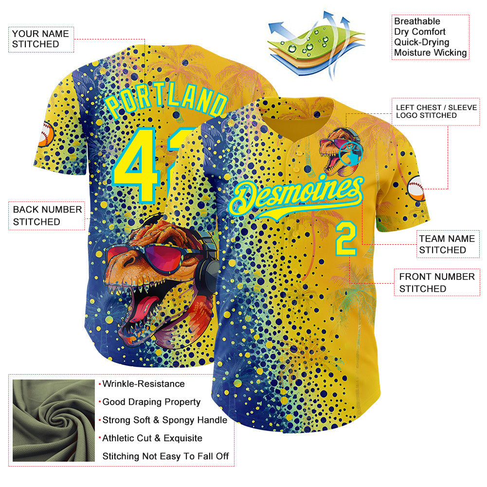 Custom Yellow Light Yellow Blue-Lakes Blue Cyber Tropical Palm Trees Music Festival Gradient Neon Polka Dot Authentic Baseball Jersey view 3