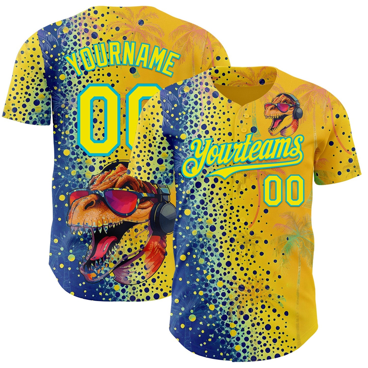 Custom Yellow Light Yellow Blue-Lakes Blue Cyber Tropical Palm Trees Music Festival Gradient Neon Polka Dot Authentic Baseball Jersey - Main View