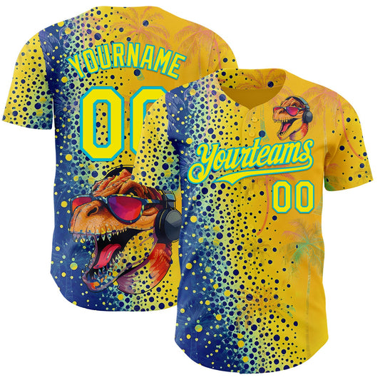 Custom Yellow Light Yellow Blue-Lakes Blue Cyber Tropical Palm Trees Music Festival Gradient Neon Polka Dot Authentic Baseball Jersey - Main View